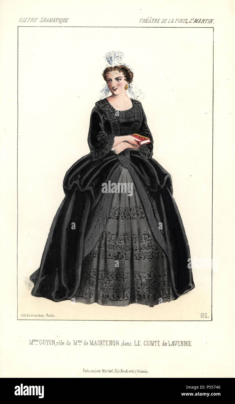 Mme. Guyon como Mme. de Maintenon en Auguste Maquet's play 'Le Comte de Lavernie' en la Porte Saint Martin. Por Alexandre Lacauchie Handcolored litografía de 'Galerie Dramatique: Trajes des teatros de París" de 1854. Foto de stock