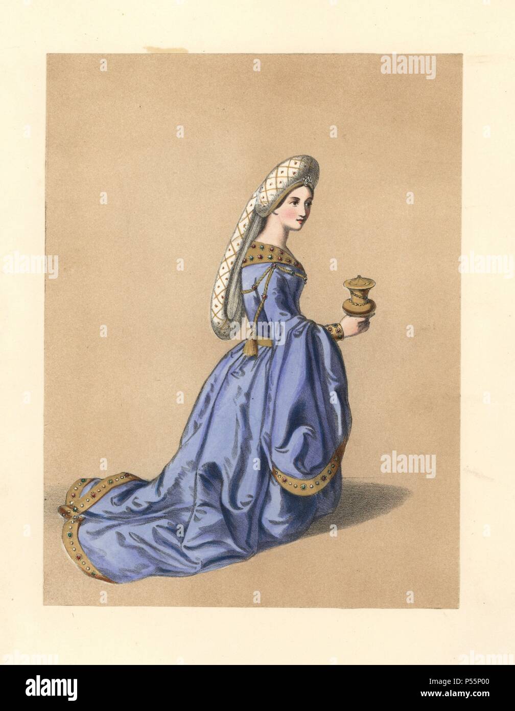 Vestimenta del reinado de Enrique VII, 14851509. Ella usa un sombrero blanco adornados con joyas, piedras preciosas y vestido azul con cuello, puños y cintura. Sobre la base de un tapiz en Vestimenta del reinado de Enrique VII, 14851509. Ella usa un sombrero blanco adornados con joyas, piedras preciosas y vestido azul con cuello, puños y cintura. Sobre la base de un tapiz en