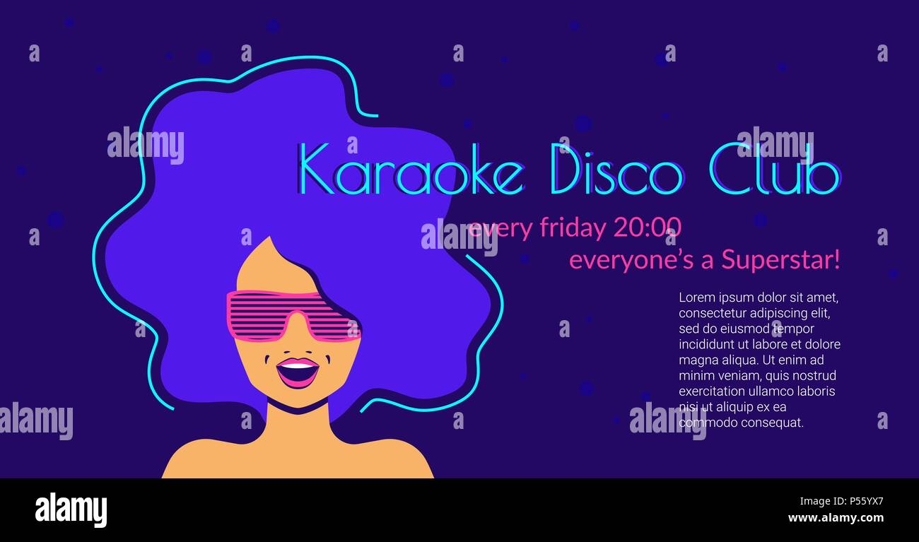 Karaoke discoteca Neón plana ilustración vectorial de cantar Mujer con gafas de color violeta con fondo copyspace para texto. Diseño de neón brillante Imagen Vector de stock - Alamy Karaoke discoteca Neón plana ilustración vectorial de cantar Mujer con gafas de color violeta con fondo copyspace para texto. Diseño de neón brillante Imagen Vector de stock - Alamy