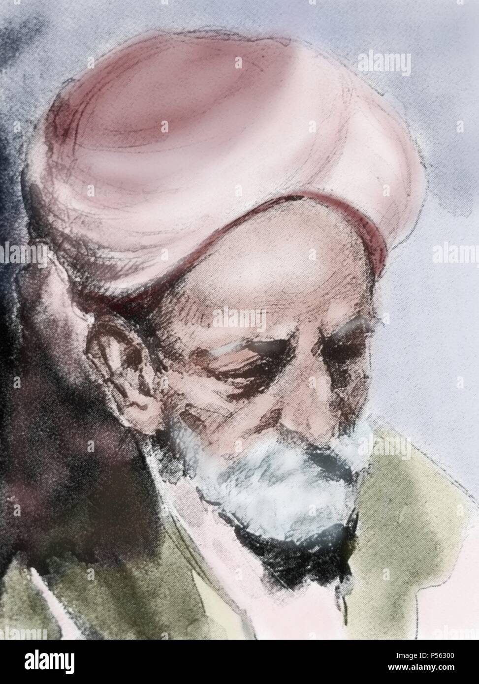Ibn Arabi (1165-1240). Mística sufí andaluz árabe y filósofo. Grabado en color. Siglo xix. Foto de stock
