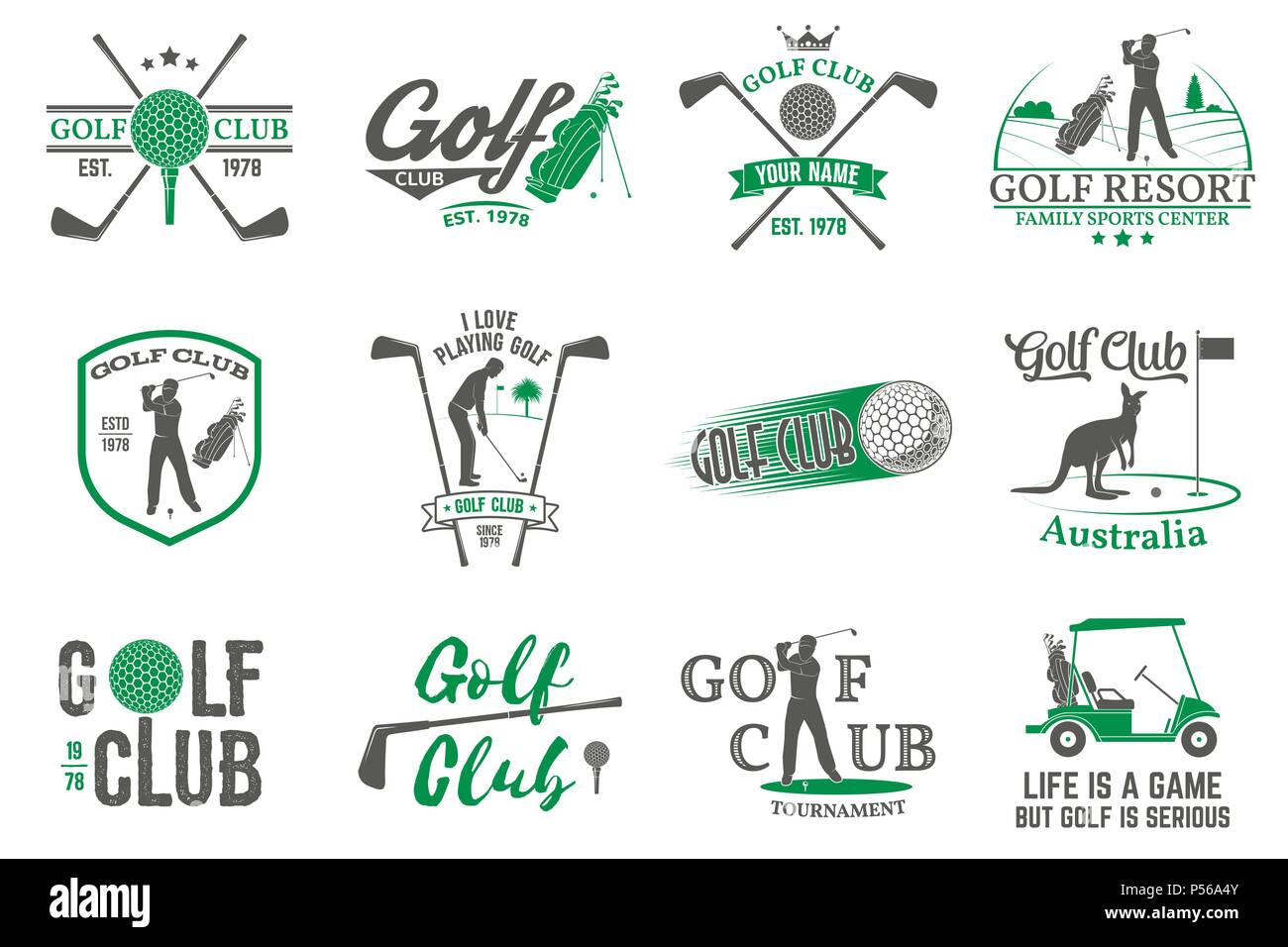 Juego de golf club concepto con el golfista silueta. Club de golf vector logo retro. Concepto de camiseta, impresión, sello o marca. Diseño de tipografía. Ilustración del Vector