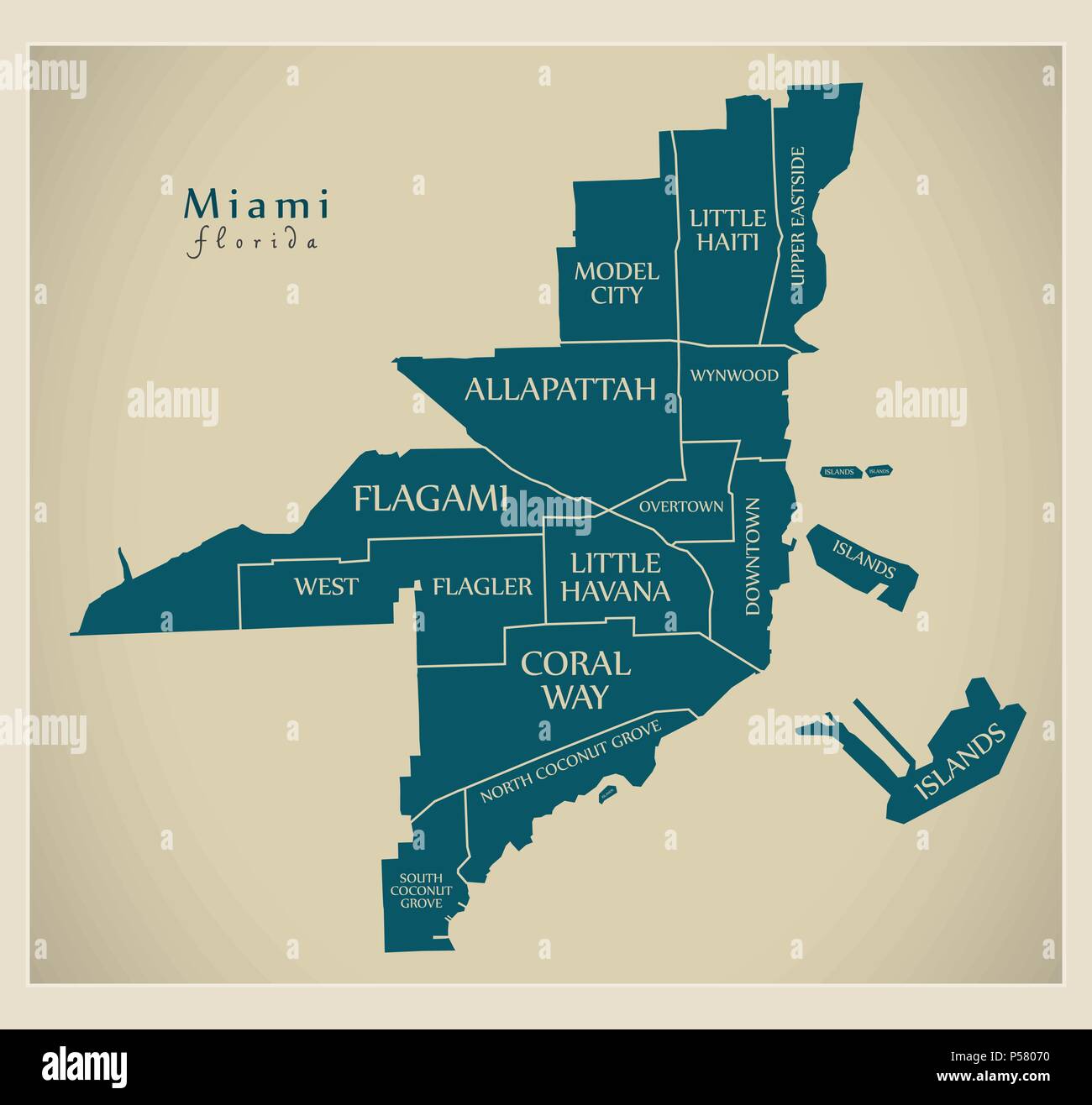 Ciudad moderna - Mapa de la ciudad de Miami, Florida, Estados Unidos con  barrios y títulos Imagen Vector de stock - Alamy