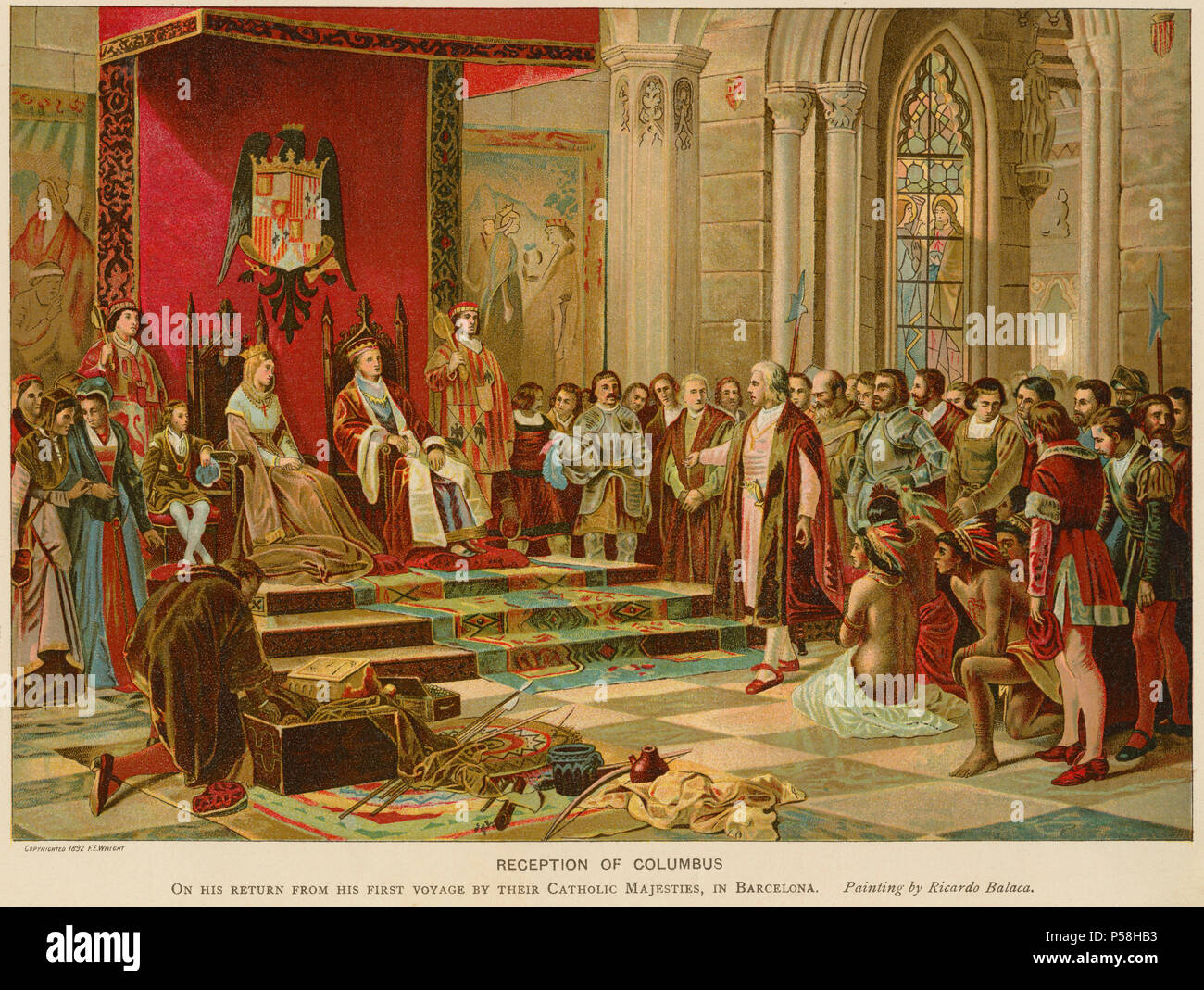 Recepción de Columbuson su regreso de su primer viaje por Sus Majestades católicas, en Barcelona, Chromolithograph desde un cuadro pintado por Ricardo Balaca, 1892 Foto de stock