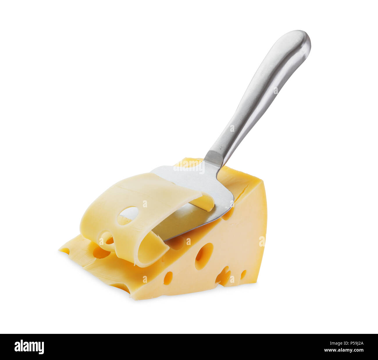 Trozo de queso con agujeros y queso cuchillo rebanador aislado sobre fondo blanco. Foto de stock