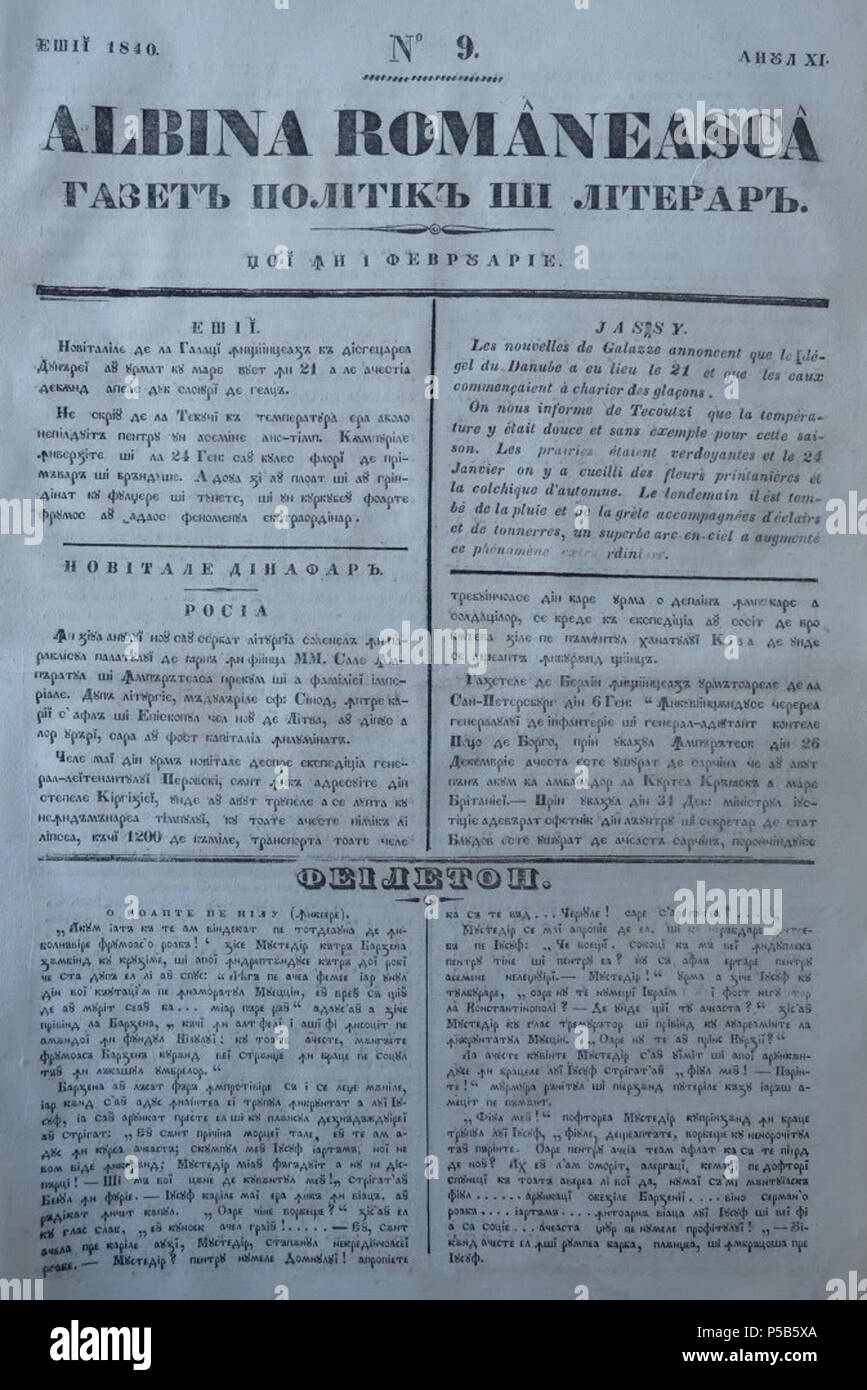 N/A. Inglés: en la portada de "Albina Româneasc' - Politica literar Gazet i', no. 9, IAI, 1 de febrero de 1840. El 1 de febrero de 1840. Gheorghe Asachi (1788-1869) Descripción lithographer rumano, lingüista, poeta, ingeniero, historiador y arquitecto Fecha de nacimiento/muerte (1 de marzo de 1788 (en el calendario juliano) 12 de noviembre de 1869 (en el calendario juliano) Lugar de nacimiento/muerte Hertsa Iai control de autoridad : Q661452 ISNI VIAF:25407334:0000 0000 8104 7660:n82137172 LCCN biblioteca abierta:OL364127A GND:119196549 74 Albina Romaneasca WorldCat - Coperta - Nr. 9 - 1 februarie 1840 Foto de stock