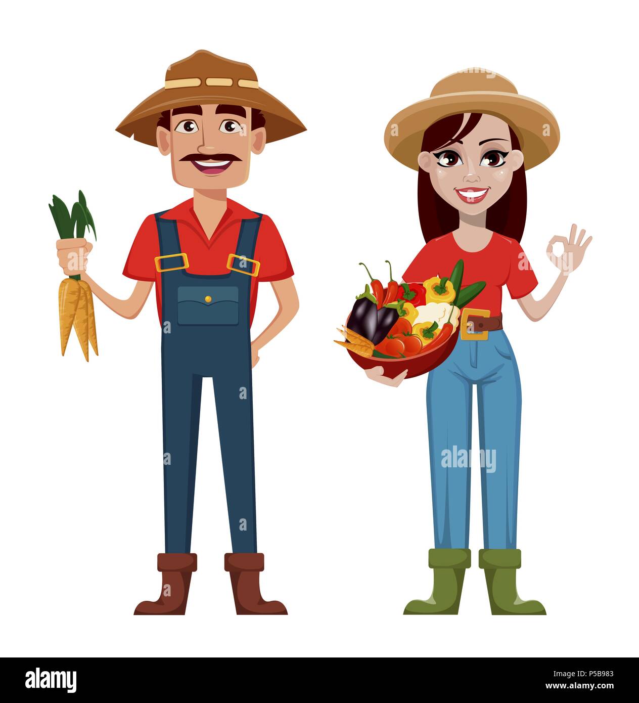 Los agricultores, el hombre y la mujer, personajes de dibujos animados,  set. Hermosa dama jardinero con el canasto lleno de verduras y guapo  jardinero con zanahorias. Vector malos Imagen Vector de stock -