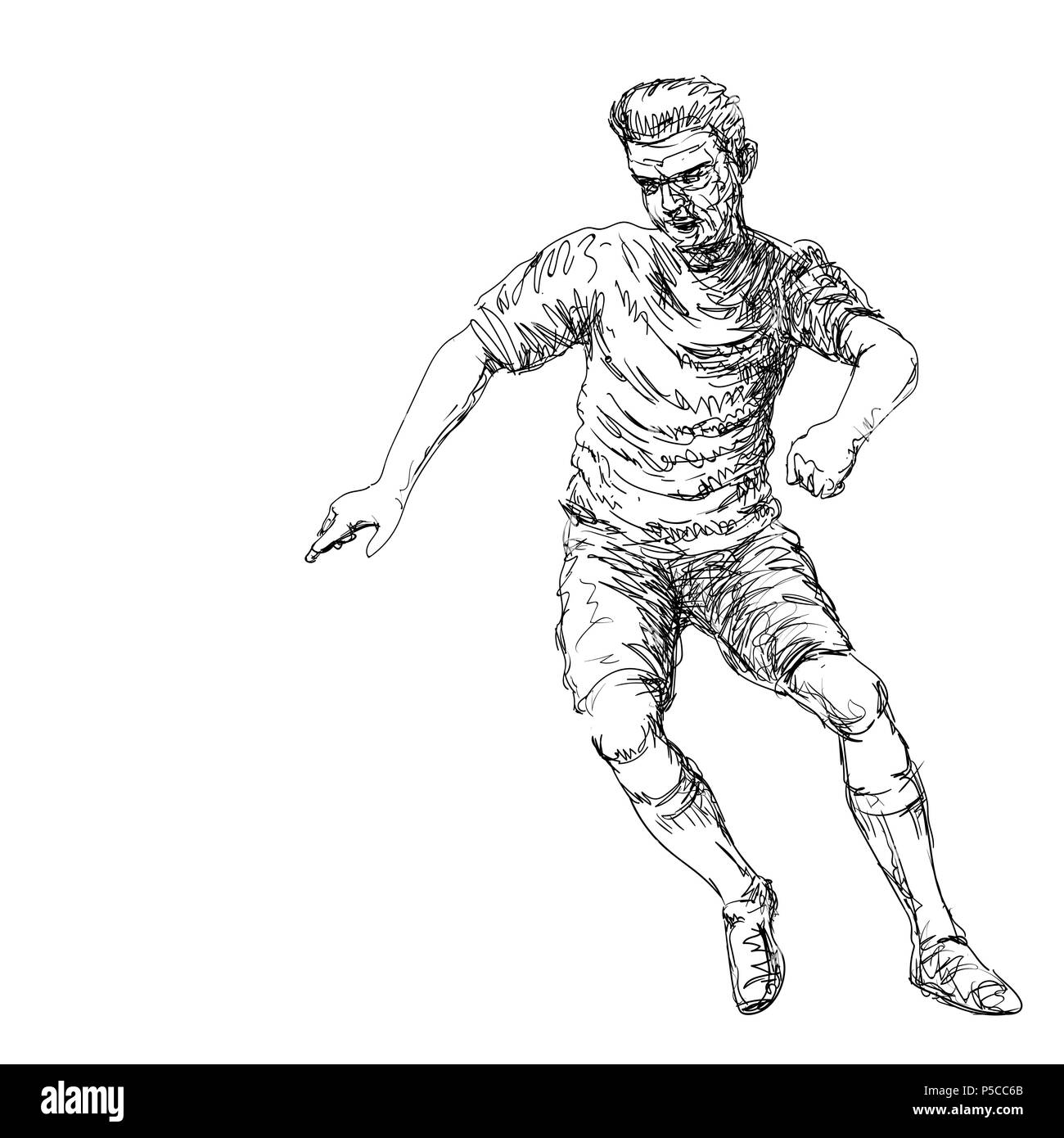 Dibujo a mano de Fútbol Jugador pateando una pelota - Vector Ilustración dibujada a mano. Ilustración del Vector