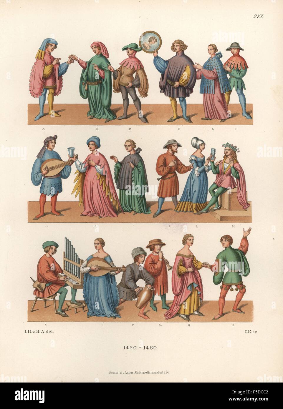 Las modas desde mediados del siglo XV, mostrando un médico (B), los músicos tocando laúdes (G, OH) y spinets (N), transportando jarras (P), copas (H) y los espejos (D), el baile (R, T), y beber los brindis (L, M). Desde un dibujo con pluma y tinta sobre pergamino en el Grand Ducal de Weimar de la biblioteca. Desde Hefner-Alteneck Chromolithograph 'trajes, ilustraciones y dispositivos desde la Edad Media hasta finales del siglo XVIII", Frankfurt, 1883. Dibujado por Hefner-Alteneck IIlustration, lithographed por C. Regnier, y publicado por Heinrich Keller. El Dr. Jakob Heinrich von Hefner-Alteneck (1811-1903) fue un arqueólogo alemán, Foto de stock