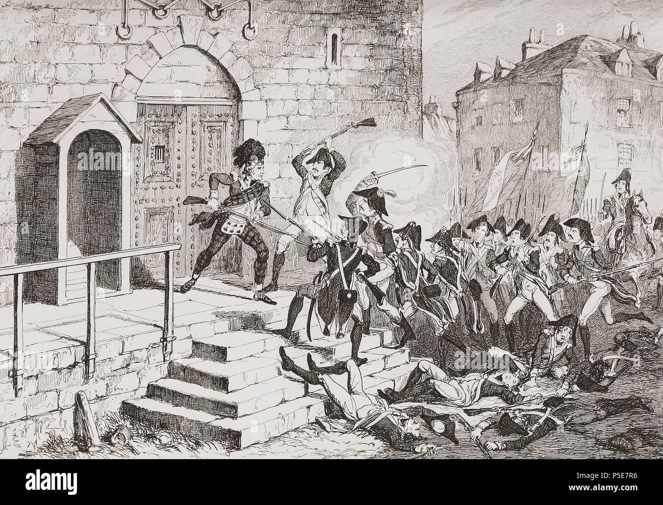 "La conducta heroica de los Highland Centinela". Ilustración por George Cruikshank. Un incidente durante la batalla de Castlebar, también conocido como el Castlebar razas, 27 de agosto de 1898, cerca de Castlebar, Condado de Mayo. Naciones irlandeses y tropas francesas marcharon a tomar Castlebar. Los soldados franceses de intentar tomar el jailhouse fueron enfrentados por un solitario Highlander lucharon hasta la muerte, pero no antes de matar a cinco soldados franceses. De la historia de la rebelión irlandesa en 1798; con memorias de la Unión, y Emmett la insurrección en 1803 por W.H. Maxwell. Publicado en Londres 1854. Foto de stock