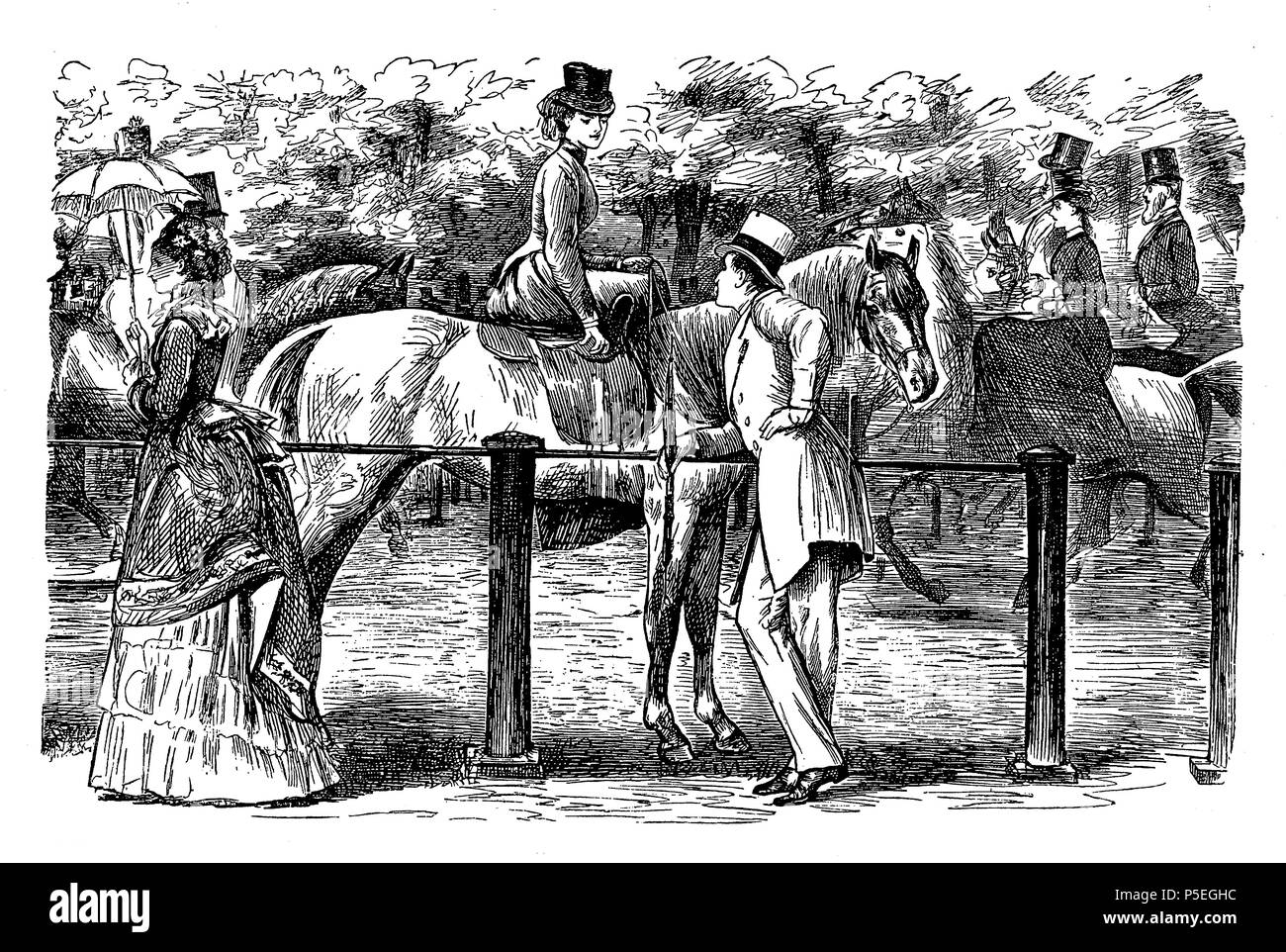 Dating en la raza, la caricatura de un caballero de coquetear con una joven dama a caballo por George Du Maurier (1834-1896) un caricaturista francobritánica para perforación, 1873 Foto de stock