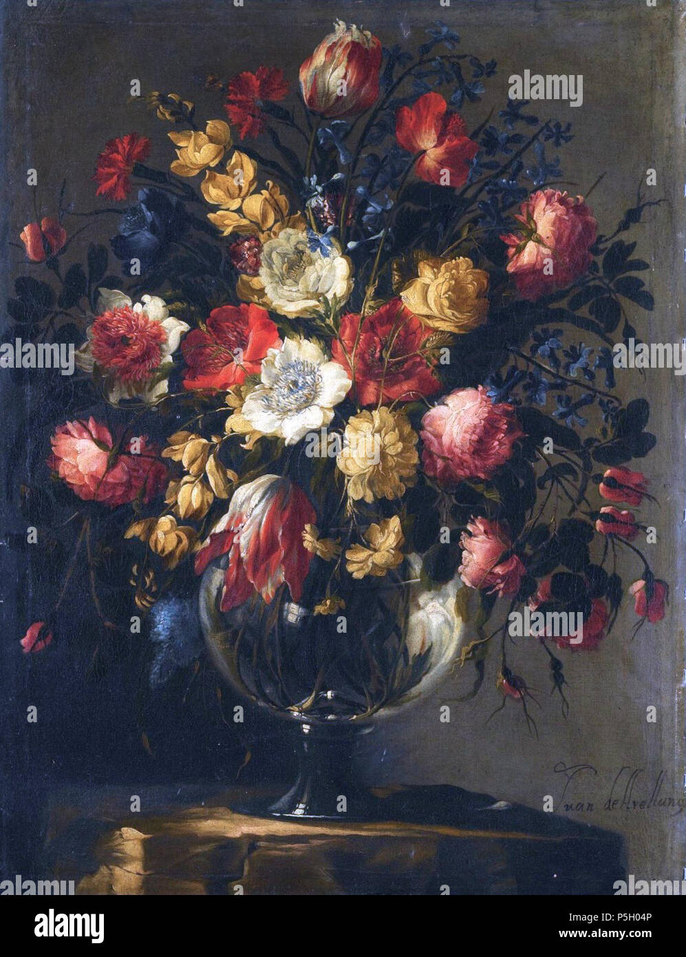 N/A. Inglés: Bodegón con una gran variedad de flores en un jarrón de  cristal sobre un pedestal de piedra por Juan de Arellano, óleo sobre  lienzo, 82,5 por 62,8 cm . Juan