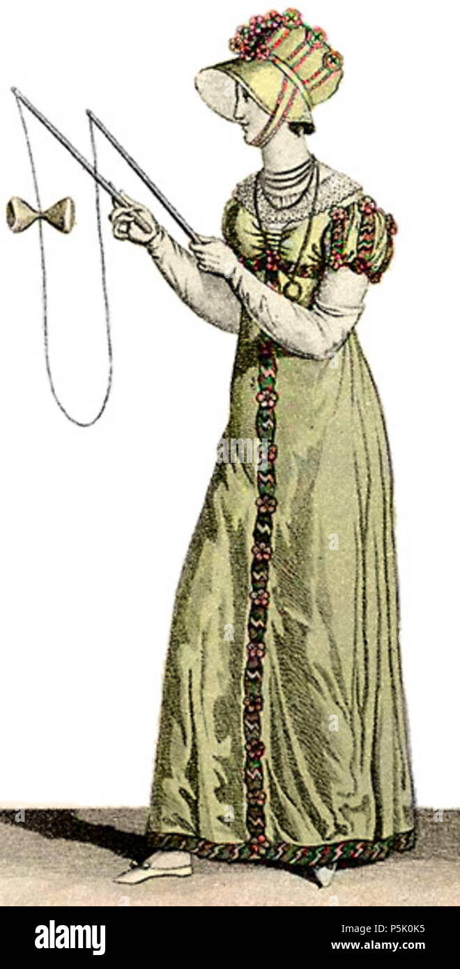 N/A. Señorita jugando el juego 'diabolo', desde el vestuario Parisiens,  1812 (el juego era conocido como "el diablo sobre dos palos' en Inglaterra  en el momento; el nombre 'diabolo' sólo fue inventado
