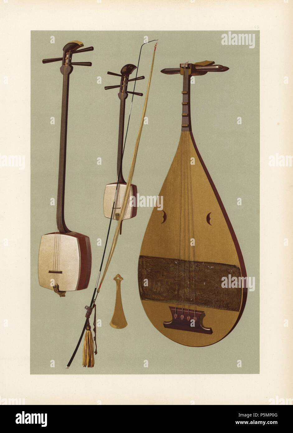 Instrumentos de cuerda: Siamisen japonés (shamisen), kokiu (violín) con  arco largo y biwa (laúd). La Siamesin es el instrumento de cuerda japonés  más frecuentes y es interpretado por el canto a las