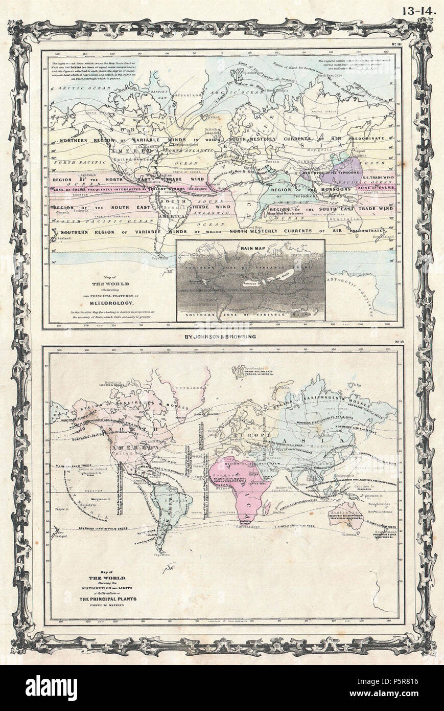 1861 Johnson Mapa Climático Del Mundo W La Meteorología Las Precipitaciones Y Las Plantas 6536