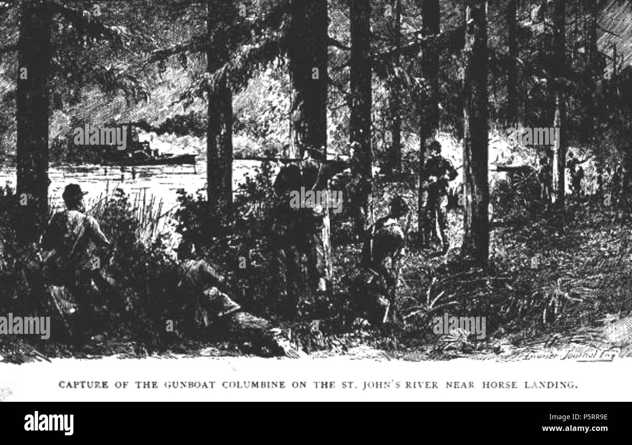 N/A. Inglés: Pre-1880 dibujo de la captura del USS Columbine por el Capitán John Jackson Dickison y sus fuerzas Confederadas. El 3 de junio de 2011, 21:14 (UTC). Unknown 270 Captura de USS Columbine2 Foto de stock