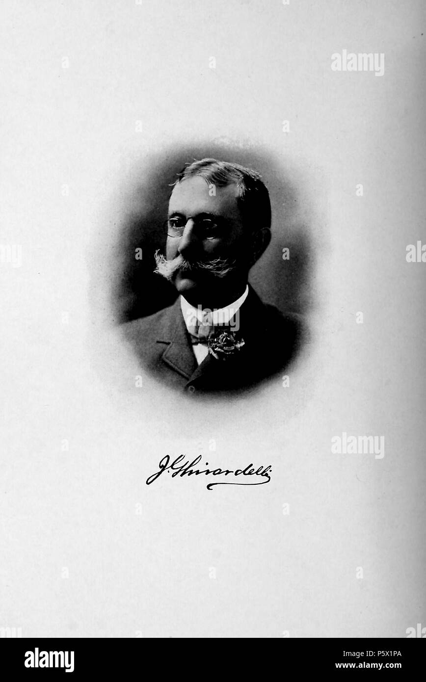 Fotografía en blanco y negro de José Nicolás Ghirardelli, prominente hombre de negocios de San Francisco y el hijo de Domenico Ghirardelli (fundador de la Ghirardelli Chocolate Company) se muestra en la vista de perfil de tres cuartos, con un blanco, mostacho húngaro, quevedos, un traje oscuro y corbata con una flor en el ojal, y una grave expresión en su rostro, en el volumen "Historia del Estado de California y registro biográfico de Oakland y alrededores, ' escrito por JM (James Miller) Guinn, y publicados en Los Ángeles por el récord histórico de Co, 1907. Cortesía de Internet Archive. () Foto de stock
