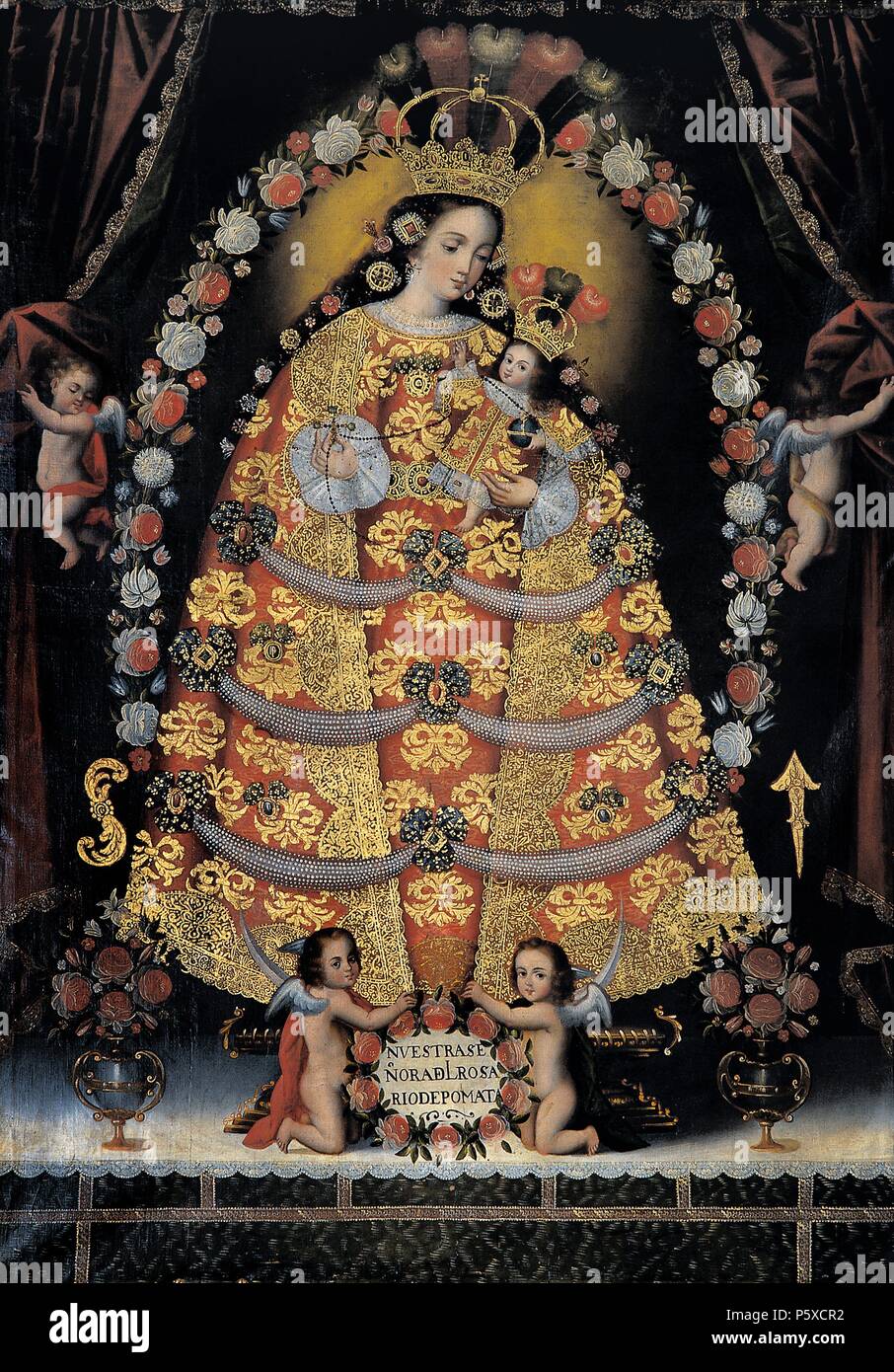 Nuestra Señora del Rosario de Pomata', del siglo XVIII, óleo sobre lienzo,  212 x 147,5 cm. Autor: Escuela cusqueña. Ubicación: MONASTERIO DE SANTA  CLARA, Ayacucho, Perú Fotografía de stock - Alamy
