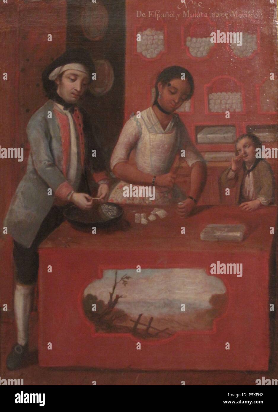 "Castaños. De español y mulata, morisco", 1774, óleo sobre lienzo, 75 x 54 cm. Autor: Andrés de Islas (fl. 1753-1775). Ubicación: MUSEO DE AMÉRICA-COLECCION, Madrid, España. Foto de stock