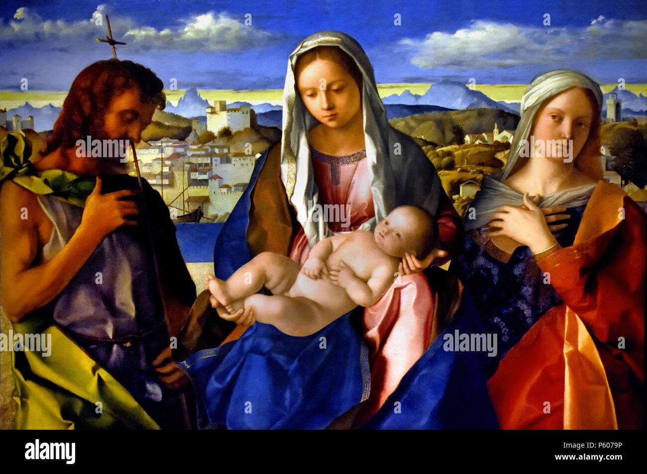 La Virgen y el Niño entre San Juan Bautista y Santa por Giovanni Bellini ( 1516 ) - 1434/1439 Venecia Italia, Italiano, Foto de stock