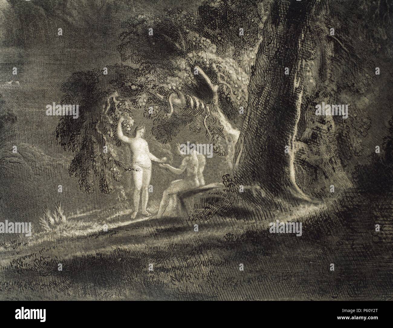 John Milton (1608-1674). Poeta británico. El paraíso perdido. 1658-1667. Adam Eve da el fruto prohibido. Grabado de John Martin (1789-1854). Foto de stock