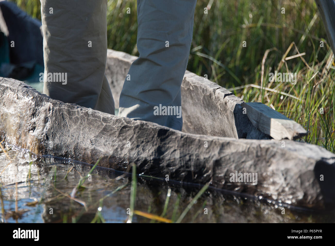 Hombre de pie en mokoro en el Okovango Delta en Botswana Foto de stock