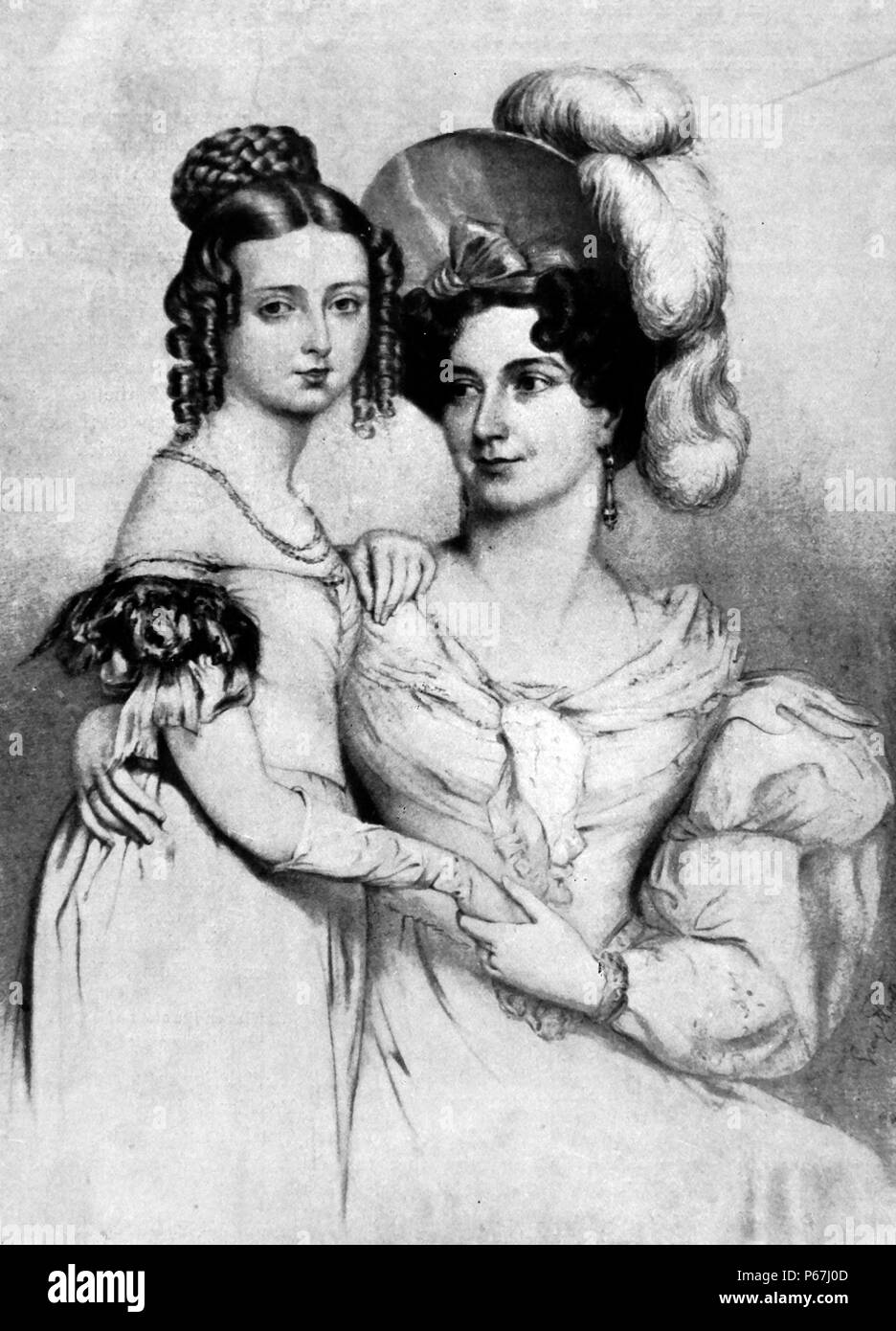 Retrato de fecha 1834 de la Reina Victoria de Gran Bretaña y su madre, la princesa Victoria de Sajonia-Coburgo-Saalfeld Foto de stock
