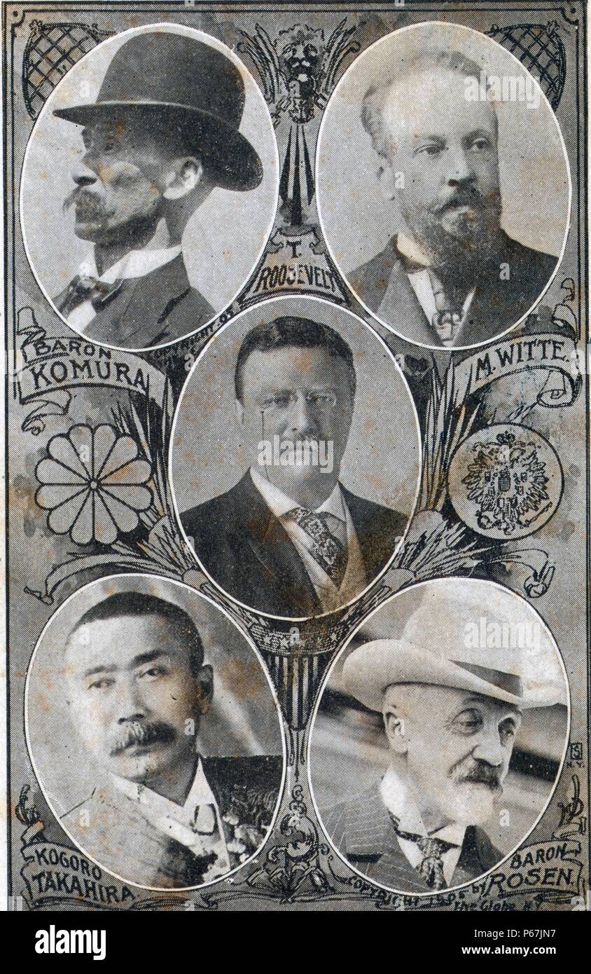 Los enviados a la Conferencia de Paz de Portsmouth, el Barón Komura y Takahira Kogoro (izquierda), M. Witte y Baron Rosen (derecha), y el Presidente Theodore Roosevelt (centro). Escrito en la parte inferior de la tarjeta "somos luchadores por la paz" Foto de stock