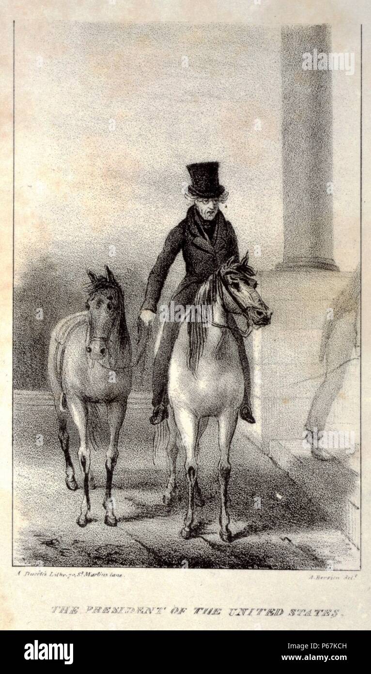 Andrew Jackson, a caballo con otro caballo en remolque, llegar a la Casa Blanca. Jackson fue el séptimo Presidente de los Estados Unidos y sirvió en la milicia durante la Guerra Revolucionaria Americana. Foto de stock