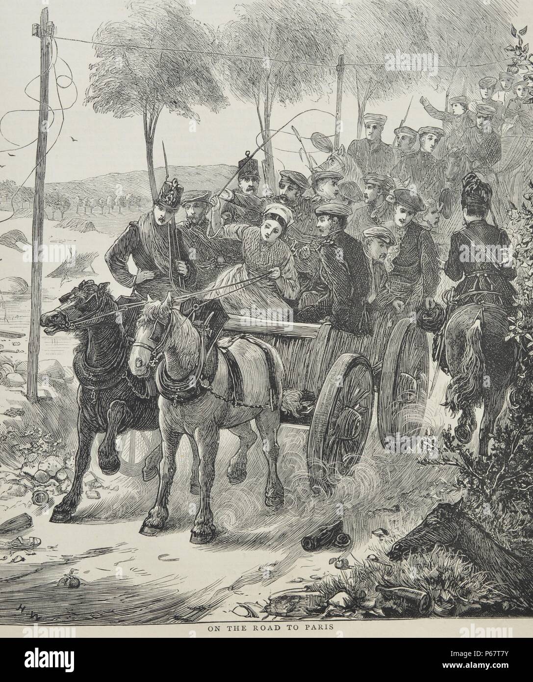 Grabado representando a los pasajeros en el camino a París. Fecha 1870 Foto de stock