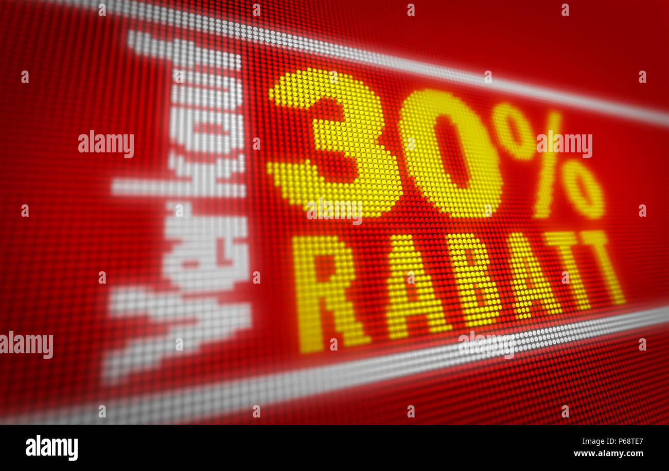 Verkauf (venta en alemán) 30% título sobre gran pantalla LED. Ilustración 3d mensaje promocional. Foto de stock