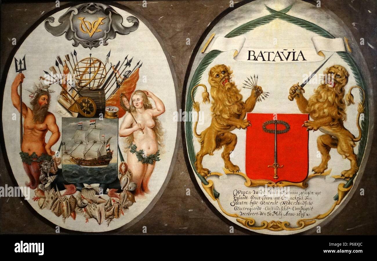 Los brazos de la Compañía Holandesa de las Indias Orientales y de la ciudad de Batavia. Fecha Siglo xvii Foto de stock