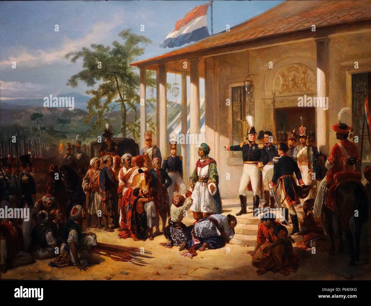 La pintura que representa la presentación de Diepo Negoro al Teniente General Hendrik Merkus Baron de Kock. Pintado por Nicolaas Pieneman (1809-1860) pintor holandés. Fecha 1835 Foto de stock