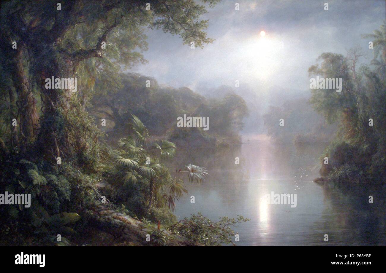 Pintura titulada 'Mmatinal en los Trópicos" por Frederic Edwin Church (1826-1900), pintor de paisajes americanos que se convirtió en una figura clave en la escuela del Río Hudson de pintores de paisajes americanos. Fecha 1877 Foto de stock