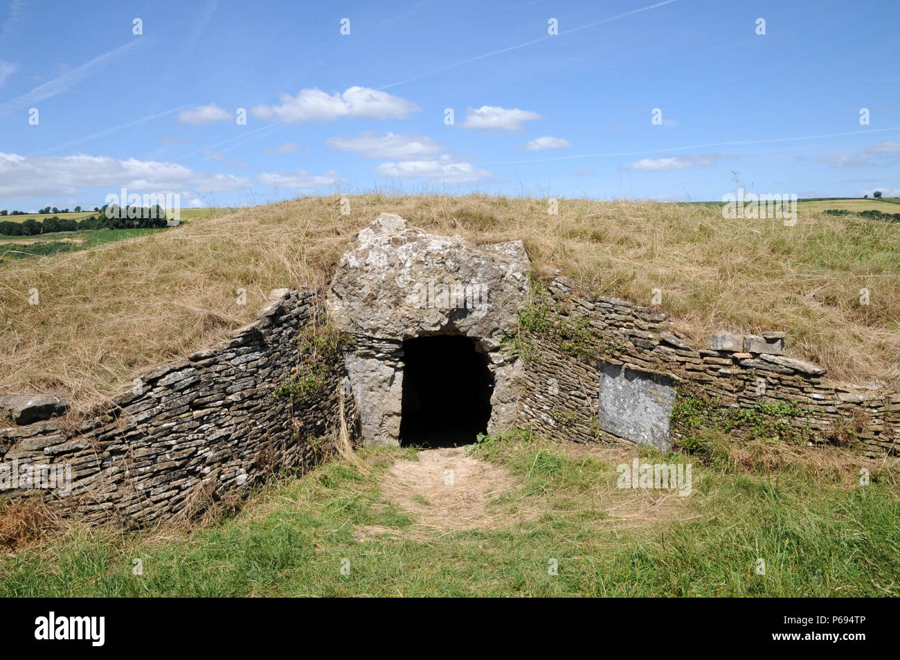 Stoney Littleton Longbarrow, cerca de Bath, en el oeste de Inglaterra, es uno de los mas finos del país accesible septadas tumbas neolíticas. Foto de stock