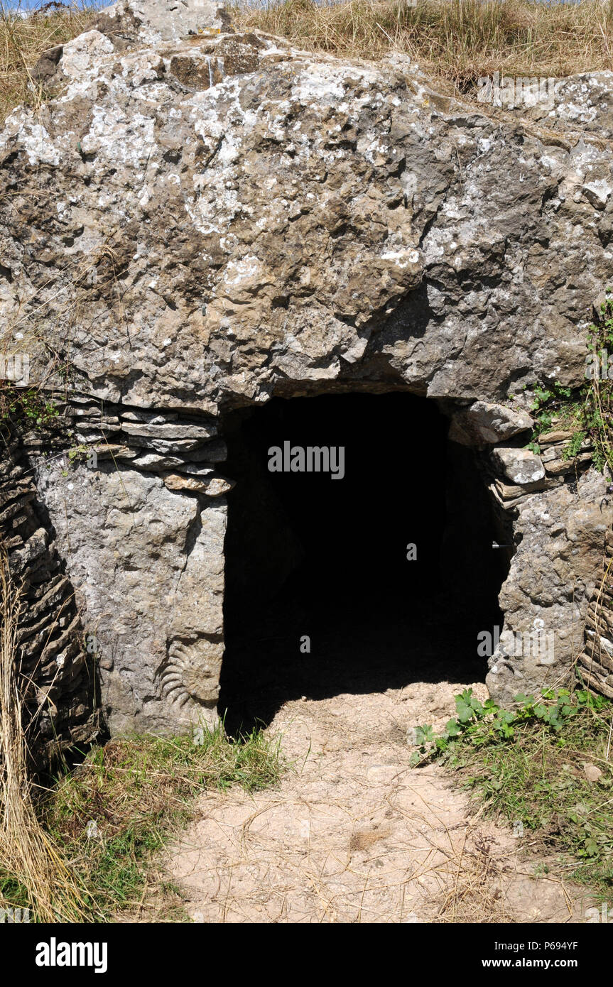 Stoney Littleton Longbarrow, cerca de Bath, en el oeste de Inglaterra, es uno de los mas finos del país accesible septadas tumbas neolíticas. Foto de stock
