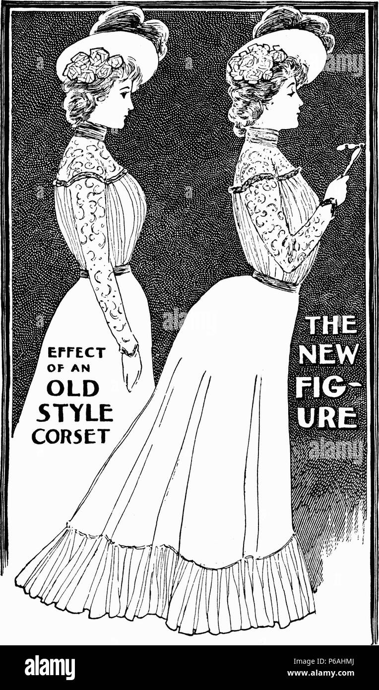 Ilustración de la Ladies Home Journal, octubre de 1900, contrastando la silueta corseted victoriano con el nuevo Edwardian 'S-bend' corseted silueta. Octubre de 1900 Foto de stock