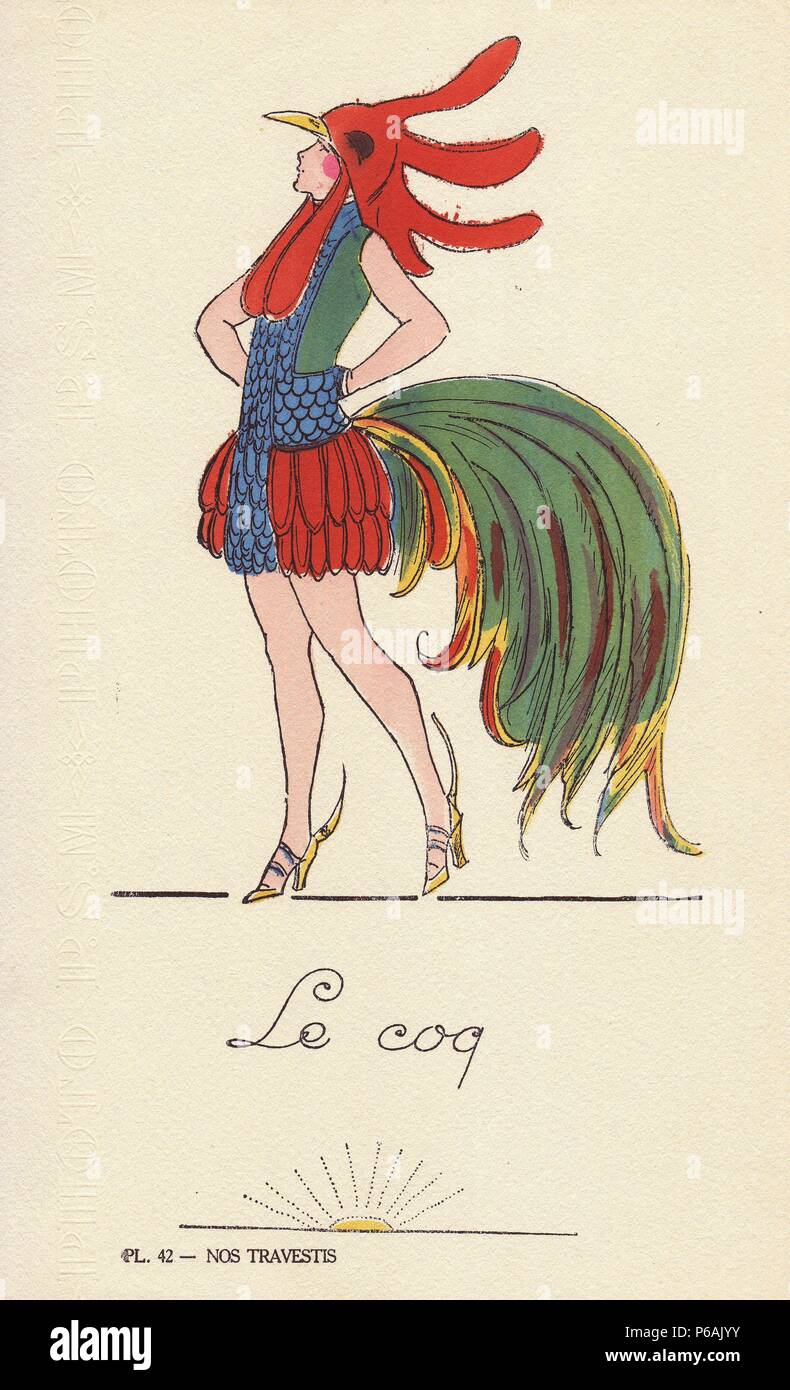 Mujer en Fancy Dress costume como gallo, le Coq, en crested hat, mini  vestido de plumas, y plumed cola. Litografía por artista desconocido con  pochoir handcoloring galería de 'Nos Travestis' (nuestros trajes