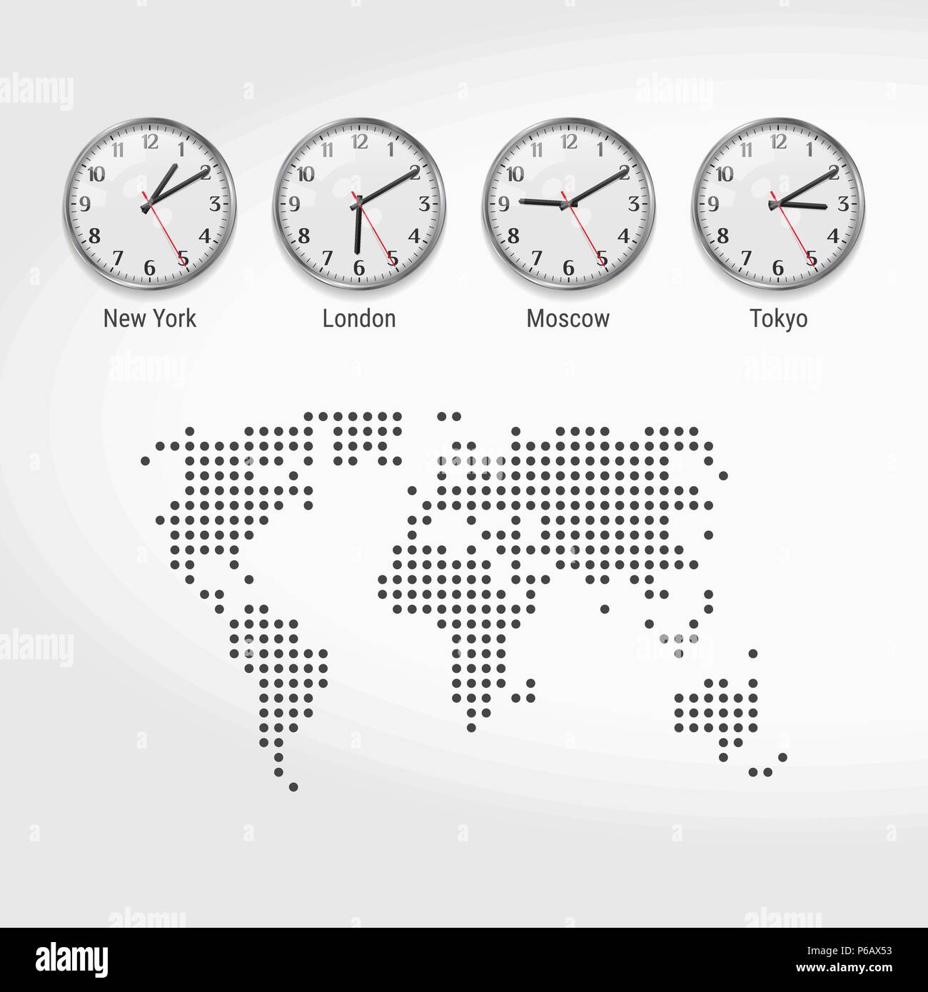 Las zonas horarias del mundo relojes. Tiempo actual en ciudades famosas.  Hora local en todo el mundo. Mapa de puntos del mundo. Arte vectorial  Imagen Vector de stock - Alamy