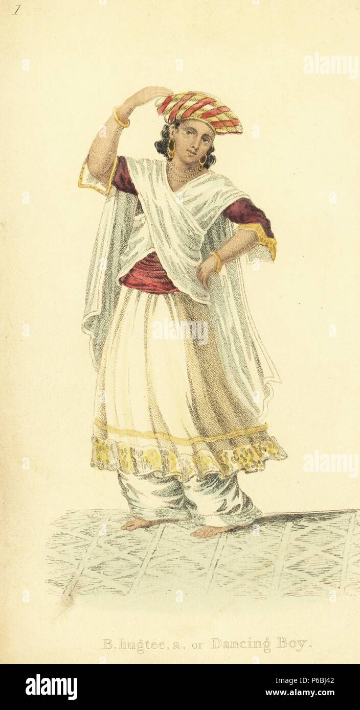 O bailando Bhugtee boy, de la India, en el turbante y pulseras, pendientes  y collares. Copperplate Handcolored grabado por un artista desconocido de  "trajes asiáticos", Ackermann, Londres, 1828 Fotografía de stock - Alamy