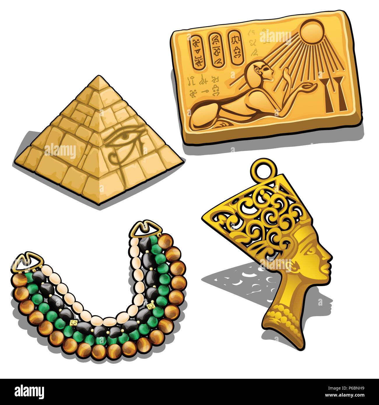 Conjunto de atributos y joyas en el tema del antiguo Egipto aislado sobre  fondo blanco. Colgante de oro en la forma de la cabeza de Cleopatra,  pirámide en miniatura, collar con piedras