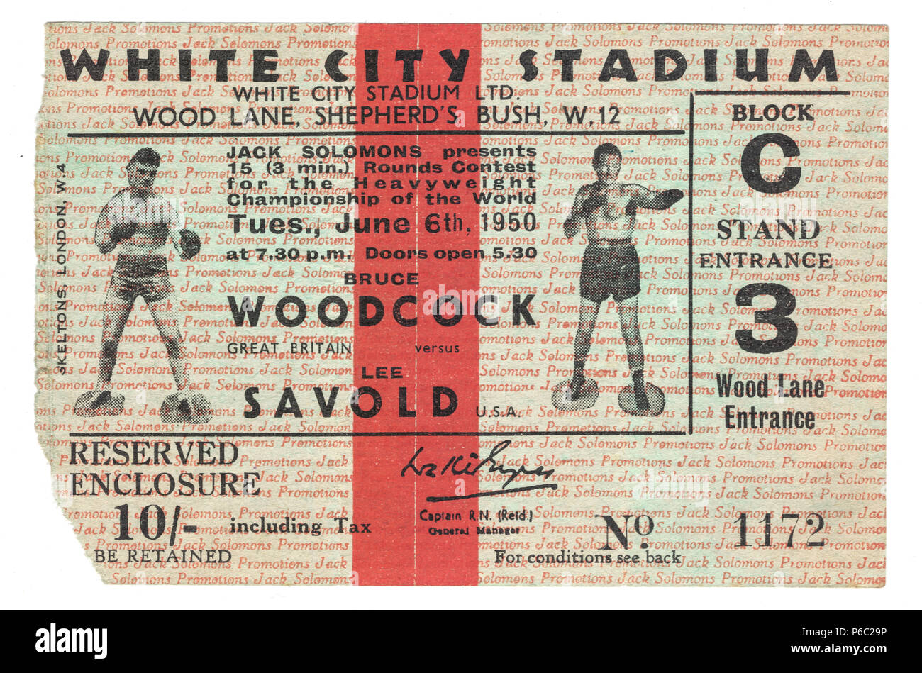 El Boxeo, billete para el campeonato de peso pesado del mundo, Bruce Woodcock vs Lee Savold, White City Stadium, London, UK 1950 Foto de stock