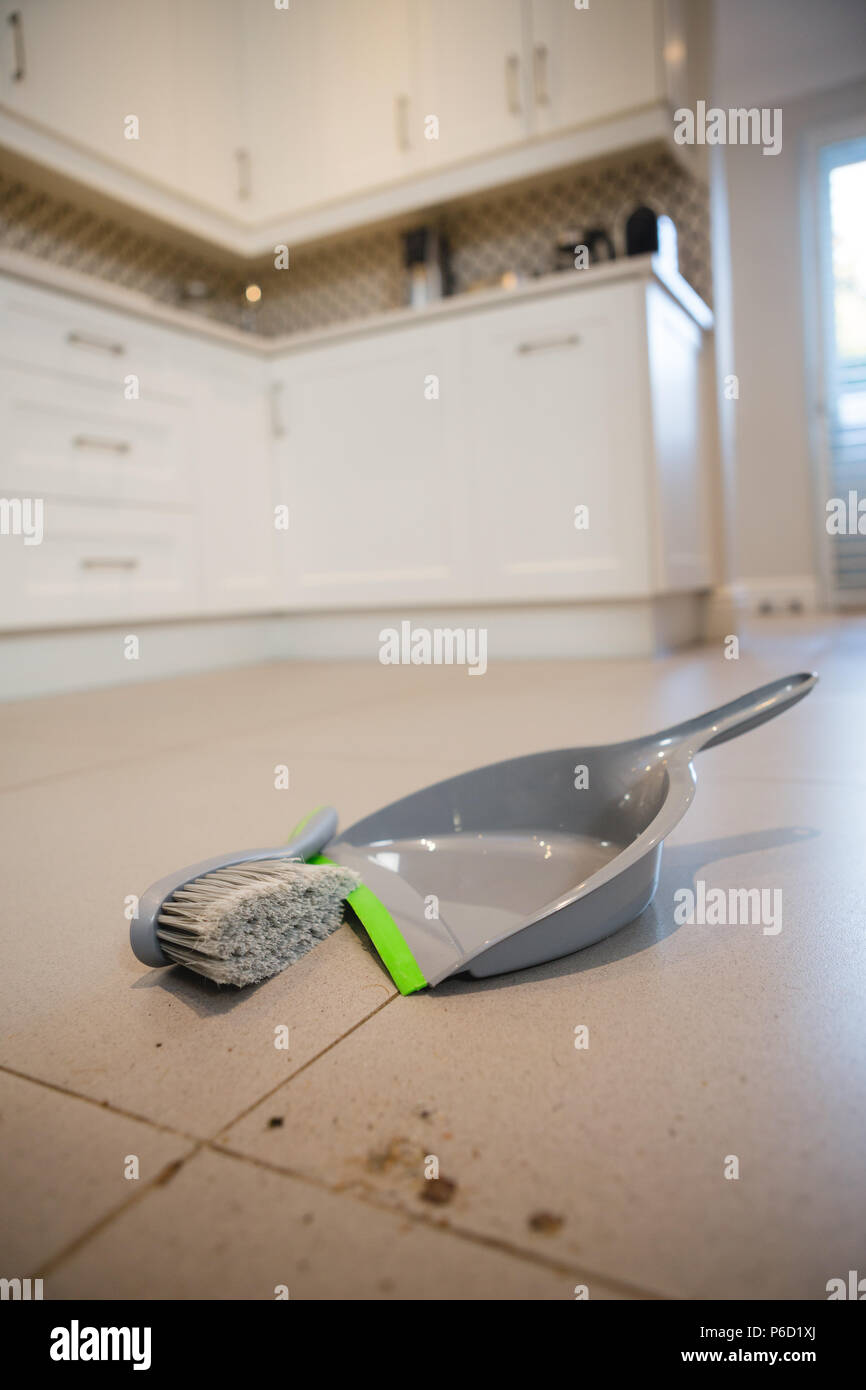 Bandeja de polvo y cepillo en un piso en casa Foto de stock