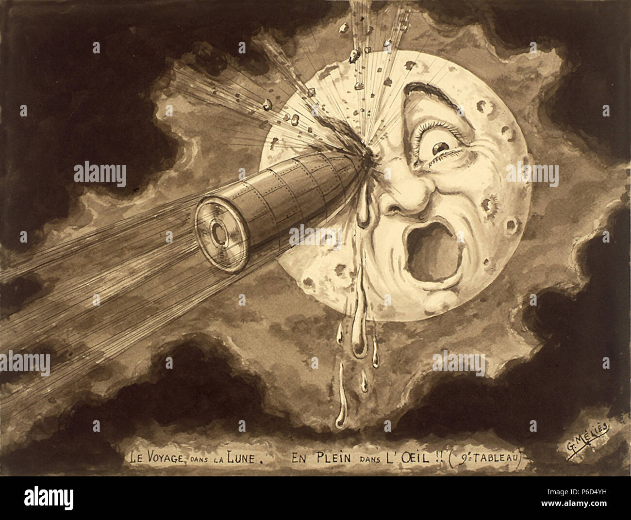 Inglés: "Le Voyage dans la lune, en plein dans l'oeil!!', un dibujo por  Georges Méliès del buque el aterrizaje en la luna del ojo en la película Le  Voyage dans la lune .