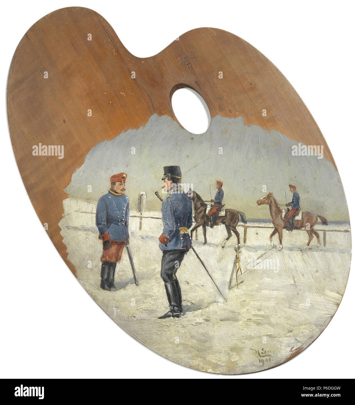 Deutsch: K.u.k. (En Pelzulanka Ulanenoffizier, schwarzer Kappe, schwarzen Reithosen und Stiefeln), einen k.u.k. (Krapprote Ulanen Kavallerie-Lagerkappe, lichtblaue Pelzulanka, krapprote Stiefeln ansprechend Reithose,). Öl auf Holz (Malerpalette), Rechts und datiert unten signiert "H. S. 1901'. . 1901 51 Hans Stubenrauch Ulanen 1901 Foto de stock