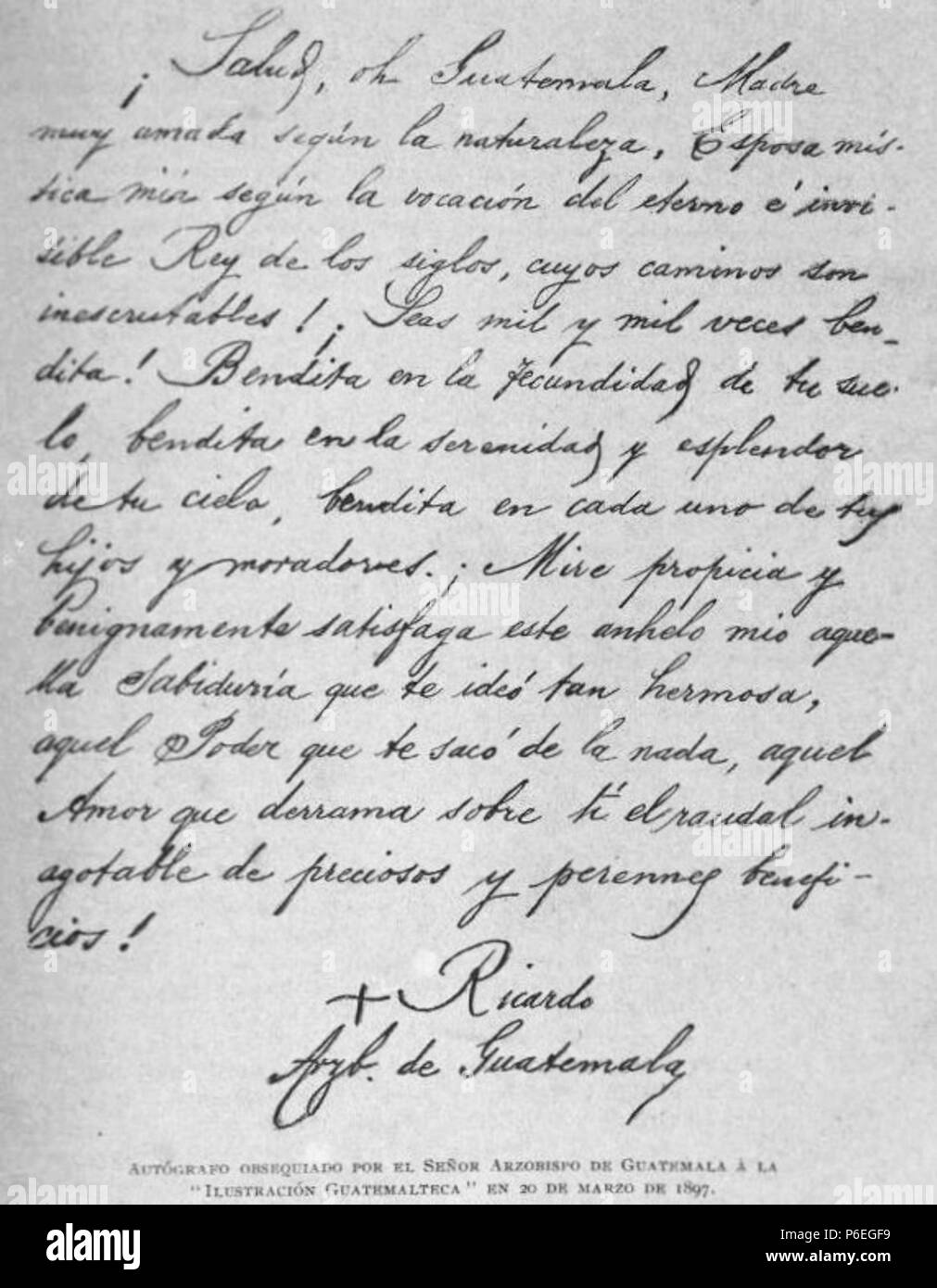 Espanol Carta Escrita Por El Arzobispo De Guatemala Ricardo Casanova Y Estrada Cuando Regreso A Su Pais Del Destierro En Abril De 1897 1897 9 Cartacasanova 1897 Fotografia De Stock Alamy