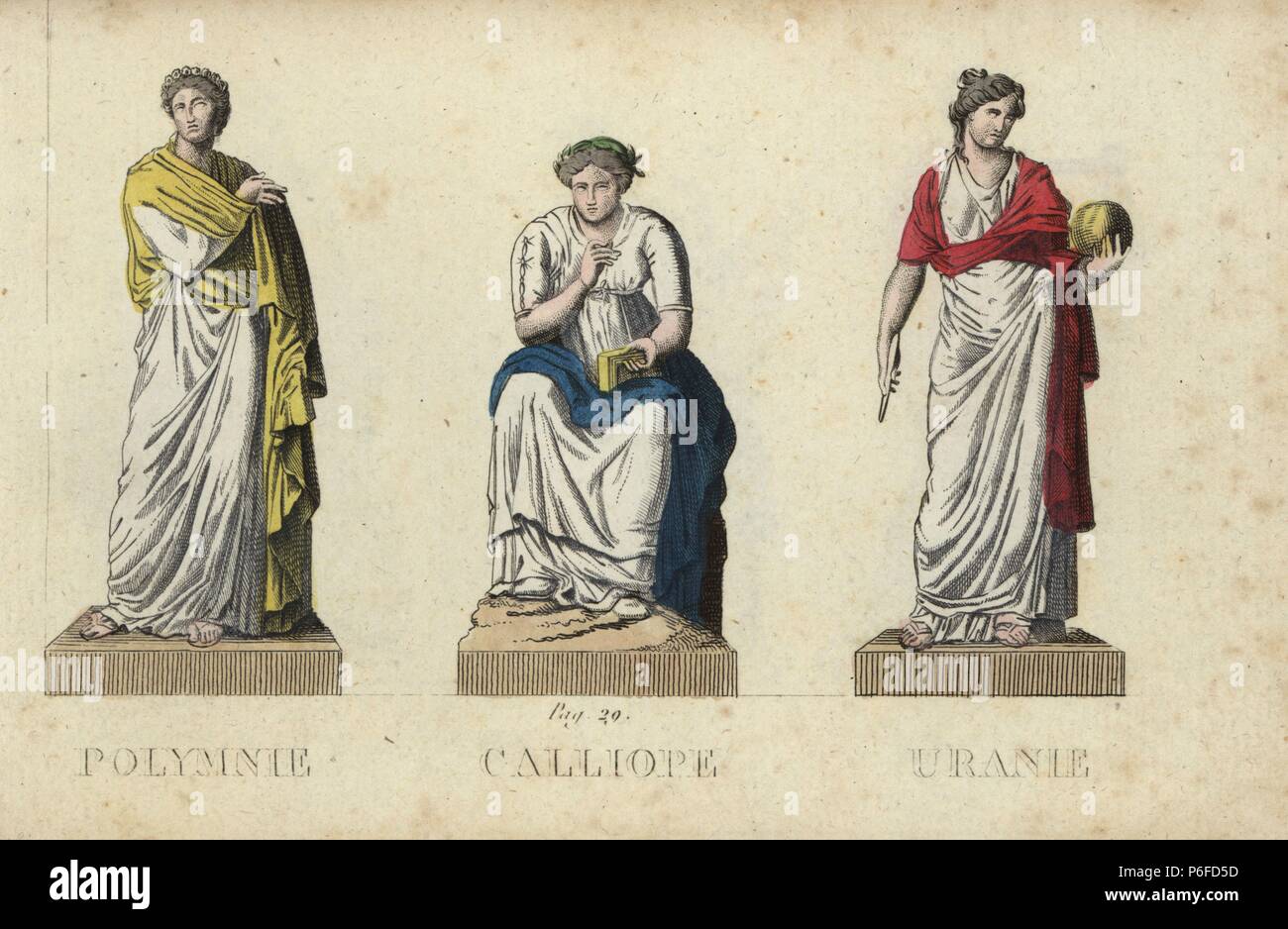 Polyhymnia, Calliope y Urania, Griego musas de himnos, poesía épica y astronomía. Copperplate Handcolored grabado grabado por Jacques Louis Lacerf constante después de ilustraciones por Leonard Defraine desde 'La Mythologie en Estampes' (Mitología en impresiones, o figuras de legendarios dioses), Chez P. Blanchard, París, c.1820. Foto de stock