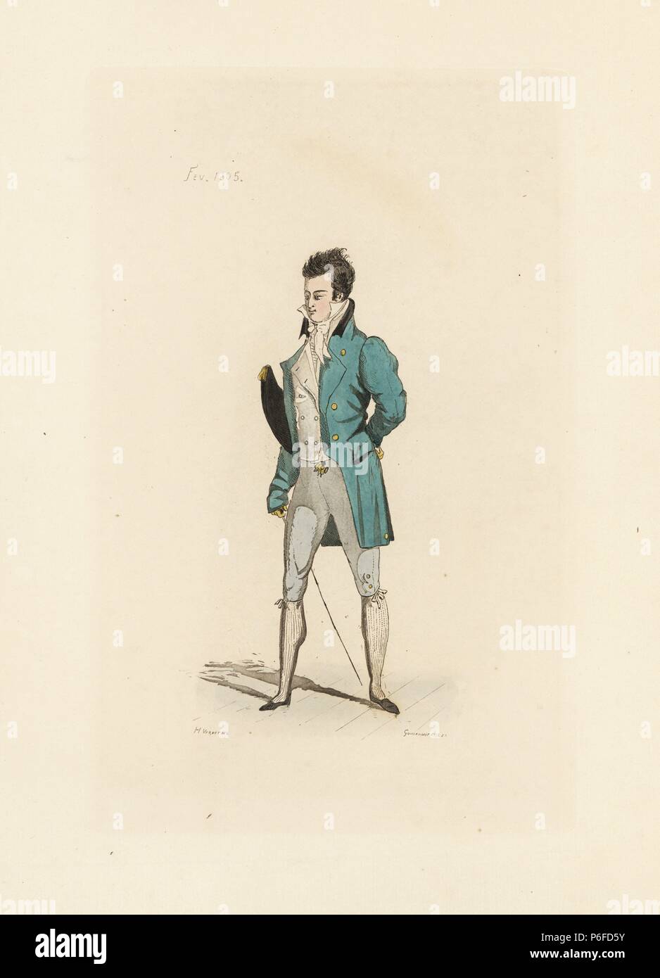 Inglés hombre en la moda de febrero de 1805. Él lleva su cabello en el  Charles 12 el peinado, la capa de cola corta, chaleco, pantalon seagreen,  Ascot, netas medias. Él lleva