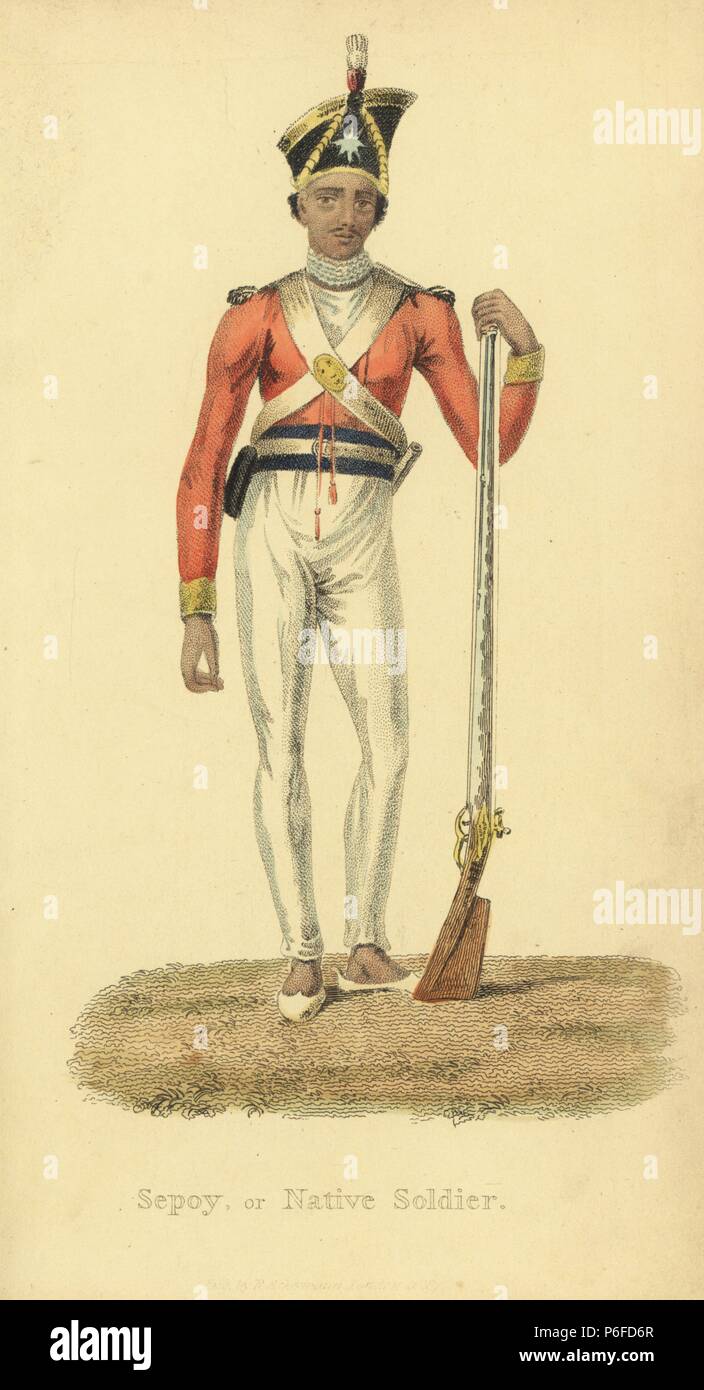 Sepoy, sipahee o soldado nativo, en invierno un uniforme de chaqueta roja y pantalón  gris, sosteniendo un fusil. Copperplate Handcolored grabado por un artista  desconocido de trajes asiáticos, Ackermann, Londres, 1828 Fotografía