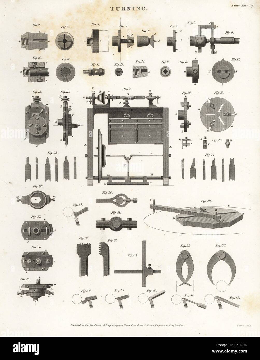 Equipo de giro de torno, bits y maquinaria del siglo XIX. Copperplate grabado por W. Lowry desde Abraham Rees' 'Cyclopedia o diccionario universal", Londres, 1817. Foto de stock