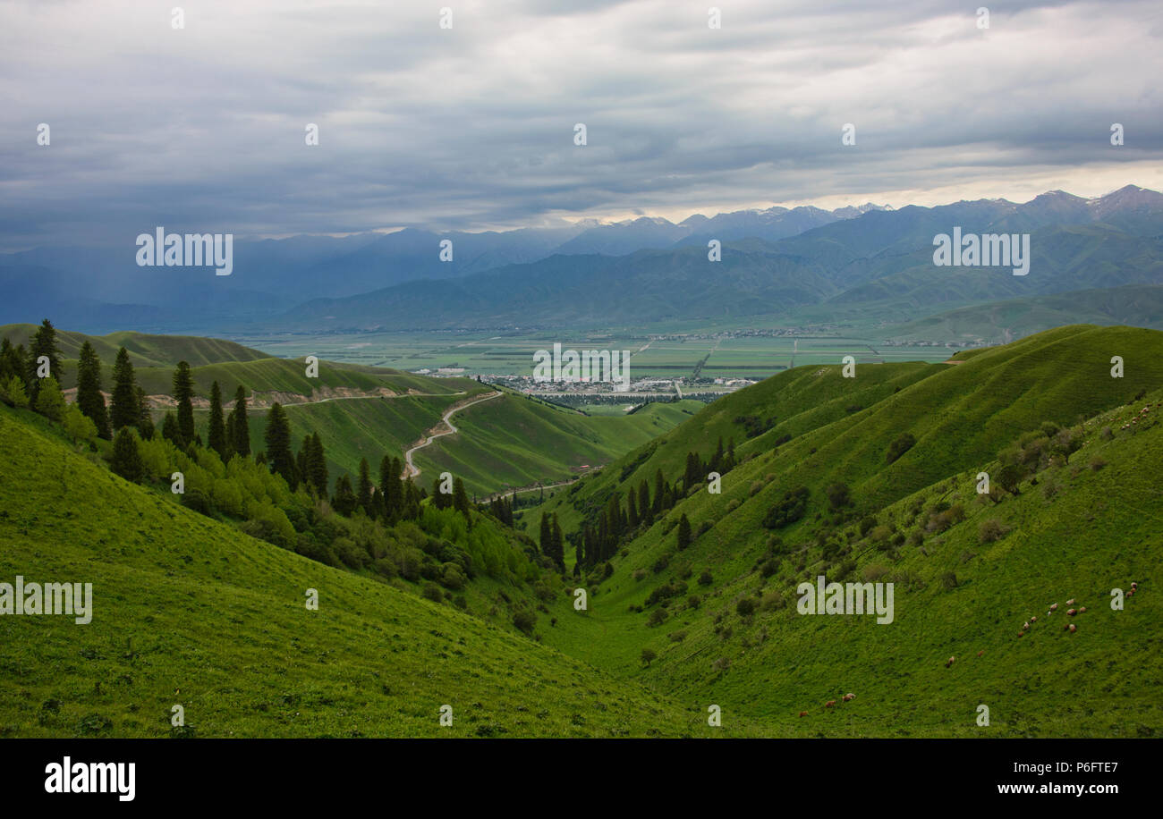 Camino en las montañas Tian Shan, Narat praderas, Xinjiang, China Foto de stock